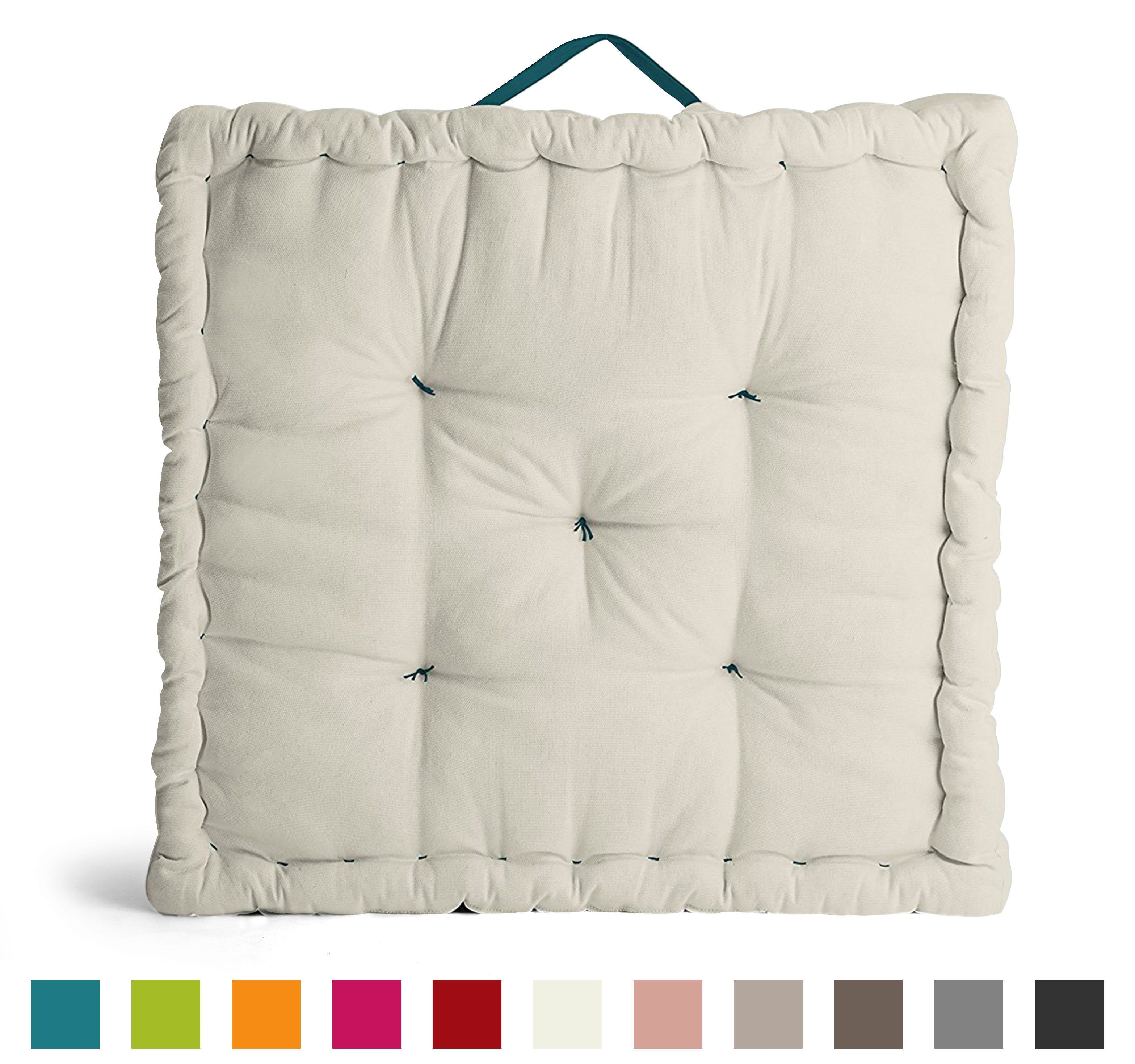 Encasa Homes Rich Cotton Canvas Floor Cushions - Choice of 11 Colours and 3 Sizes - Size 50x50x10 cm, Natural & Azul Blue