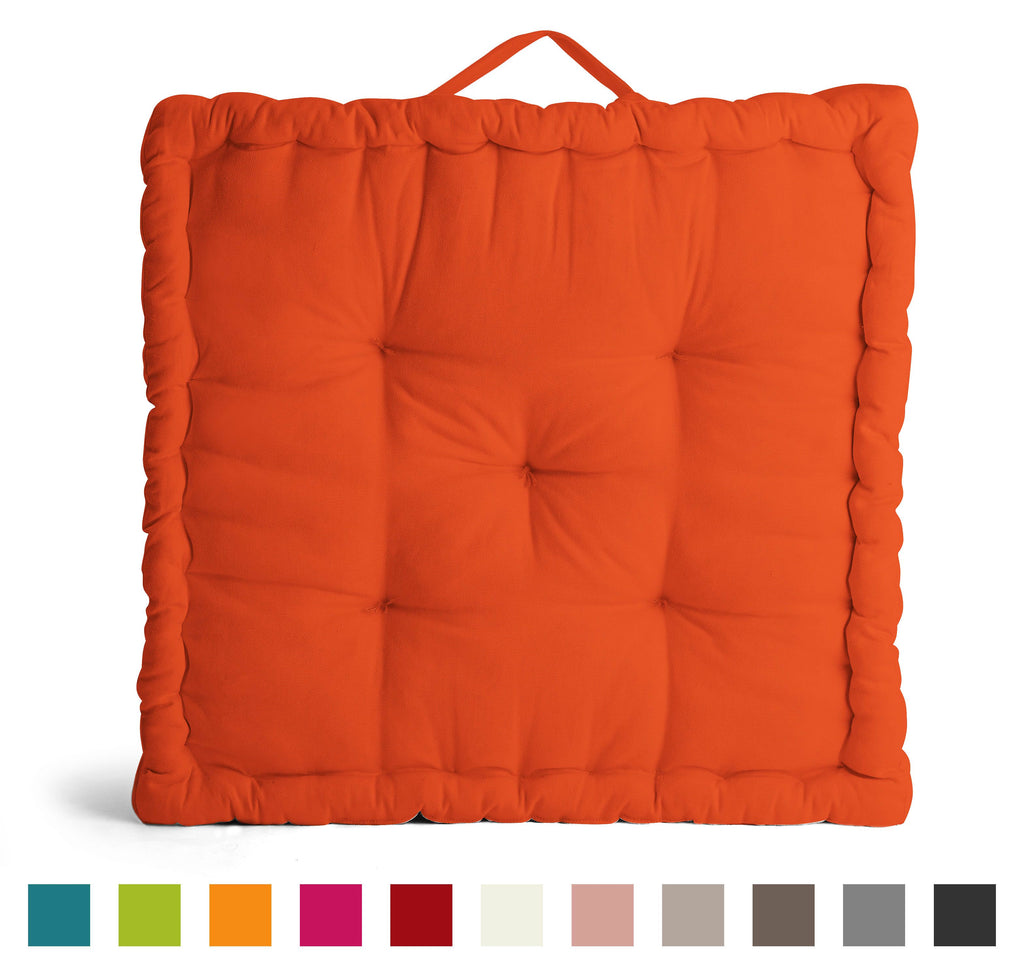 Encasa Homes Rich Cotton Canvas Floor Cushions- Orange, Size 50cm x 50cm x 10cm