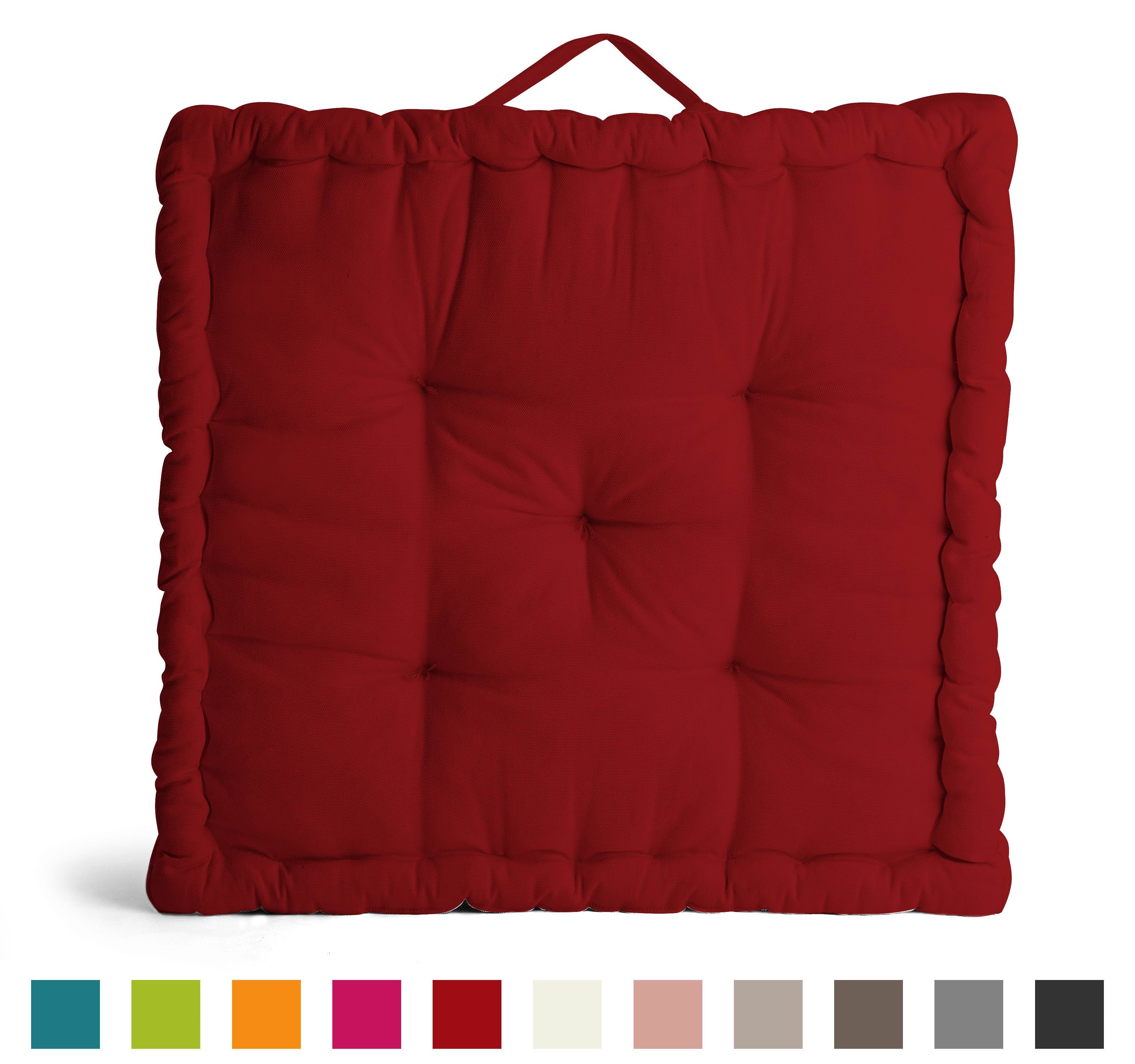 Encasa Homes Rich Cotton Canvas Floor Cushions - Choice of 11 Colours and 3 Sizes - Size 60x60x10 cm, Deep Red