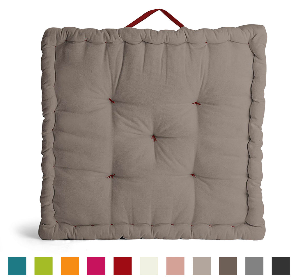 Encasa Homes Rich Cotton Canvas Floor Cushions- Beige+Red, Size 40cm x 40cm x 8cm